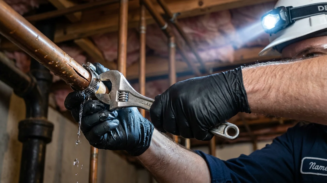 Emergency pipe clamp repair being performed by a Johns Plumbing LLC plumber in Coldwater